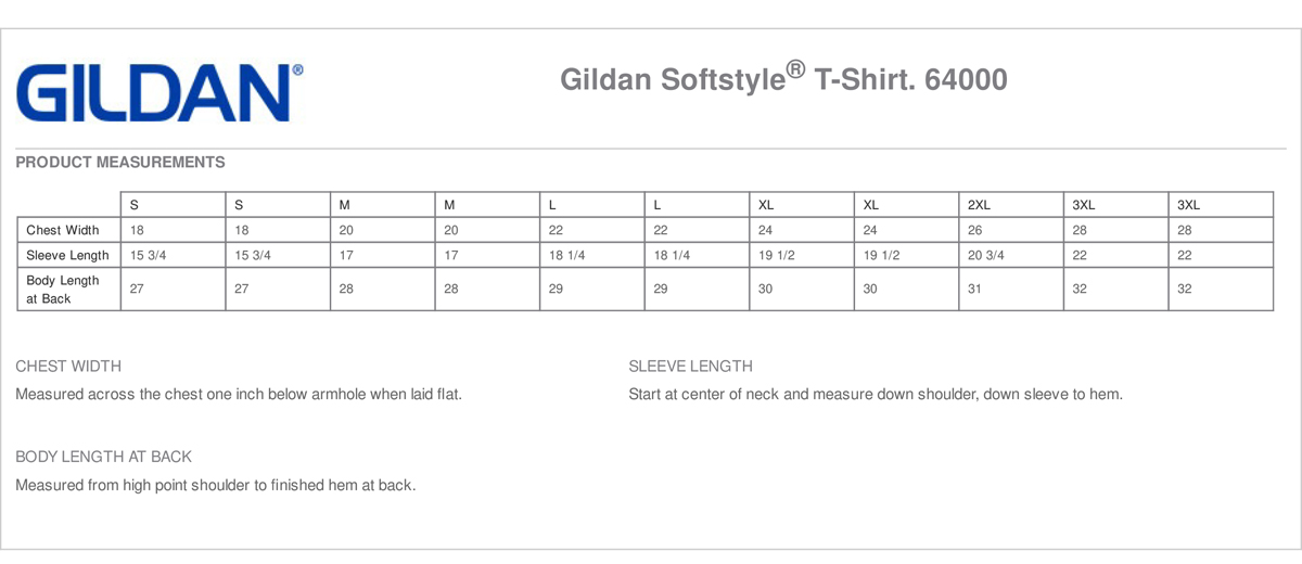 Gildan Unisex Long Sleeve Size Chart