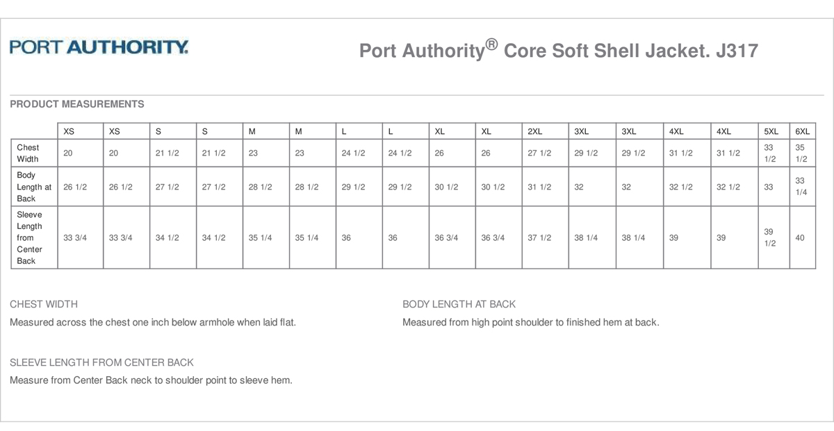 Port Authority J317 Size Chart
