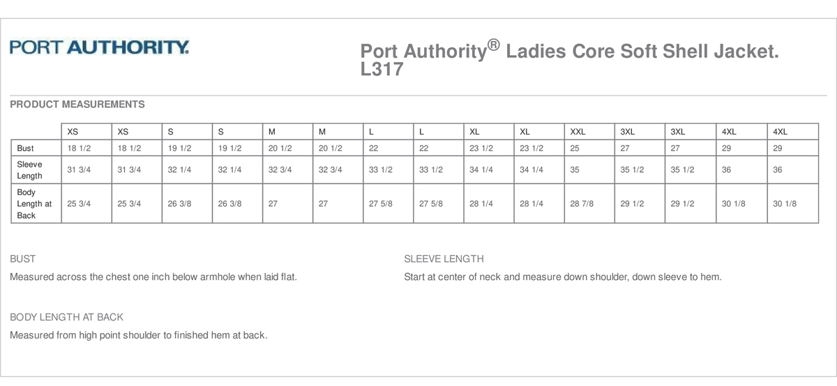 Port Authority L317 Size Chart